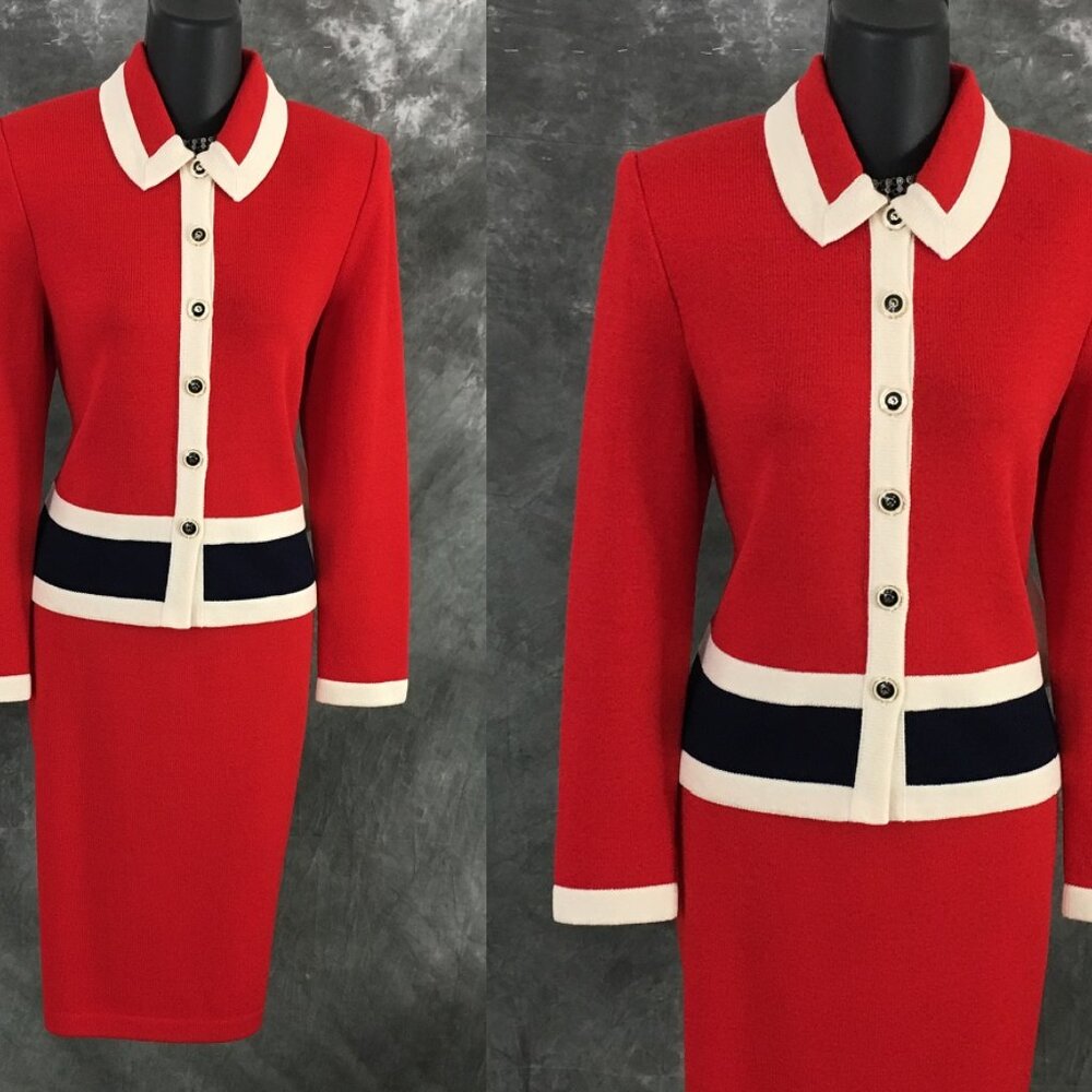 NWT NEW St John collection knit red white blue jacket skirt suit size 4 6 - Picture 2 of 9